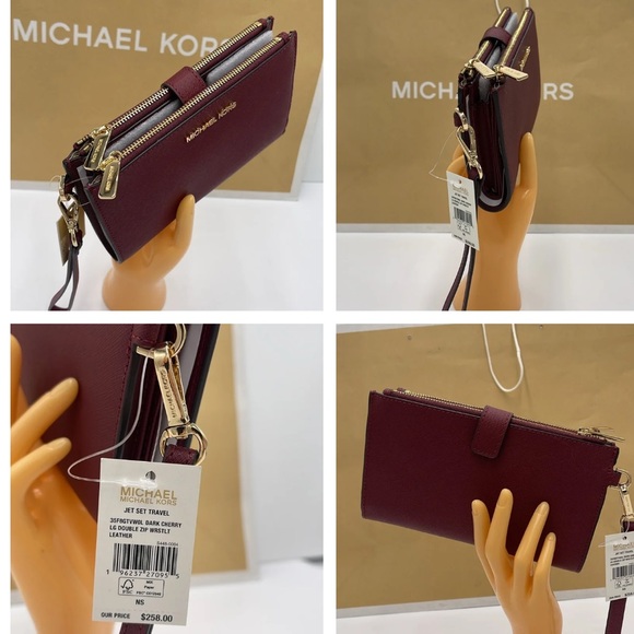 MICHAEL KORS LG DOUBLE ZIP WRISTLET DARK CHERRY - MERLOT NWT - Picture 14 of 16